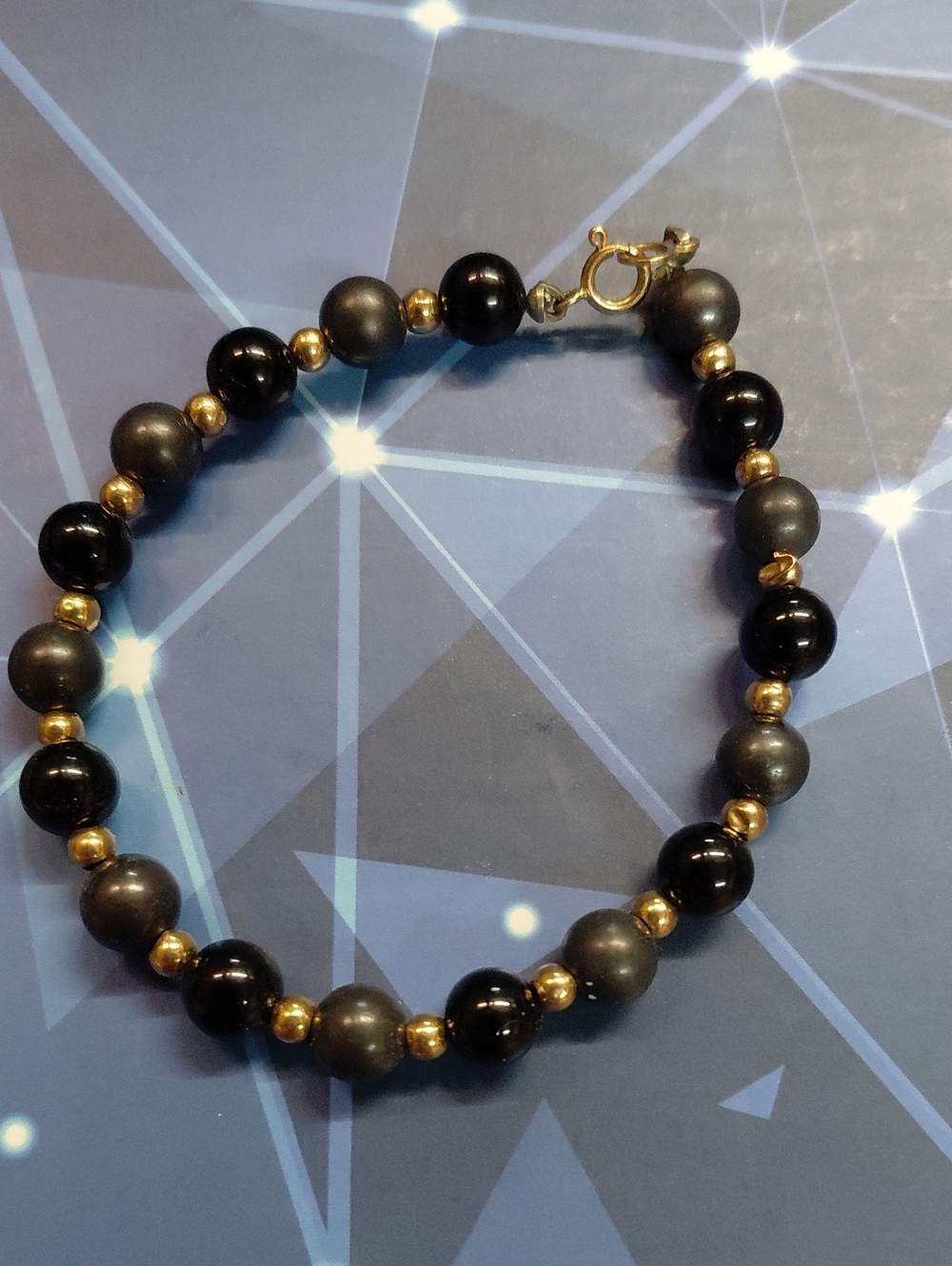 14 Karat Gold Hallmarked Black Obsidian And Tourmaline Energy Stones Bracelet